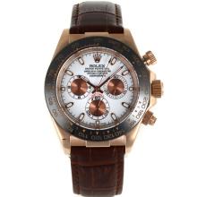Rolex Daytona Automatic Rose Gold Case Ceramic Bezel with White Dial Brown Leather Strap
