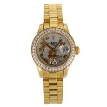Rolex Datejust Automatic Full Gold Diamond Bezel Roman Markers with White Mop Dial Flowers Illustration
