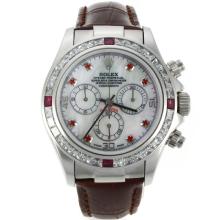 Rolex Daytona Chronograph Asia Valjoux 7750 Movement CZ Diamond Bezel Red Diamond Markers with MOP Dial Brown Leather Strap