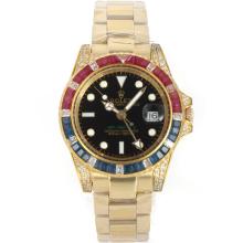 Rolex GMT-Master II Automatic Full Gold Square Red & Blue Diamond Bezel with Black Dial