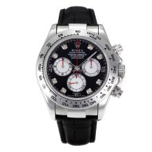 Rolex Daytona Asia Valjoux 7750 Movement Number Bezel Diamond Markers with Black Dial Black Leather Strap-Sappire Glass