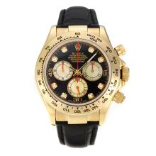 Rolex Daytona Asia Valjoux 7750 Movement Yellow Gold Case with Black Dial Leather Strap-Sapphire Glass