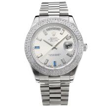 Rolex Day-Date II Swiss ETA 2836 Movement Diamond Bezel with Silver Dial S/S-Sapphire Glass