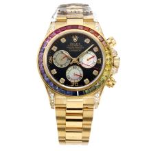 Rolex Daytona Automatic Full Gold Rianbow Color CZ Diamond Bezel with Black Dial-Same Chassis as 7750 Version