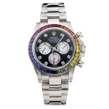 Rolex Daytona Automatic Rianbow Color CZ Diamond Bezel with Black Dial S/S-Same Chassis as 7750 Version