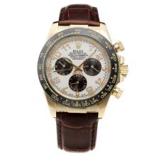 Rolex Daytona Automatic Gold Case Ceramic Bezel with White Dial-Leather Strap
