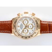 Rolex Daytona Chronograph Asia Valjoux 7750 Movement Gold Case Number Markers with White Dial-Leather Strap