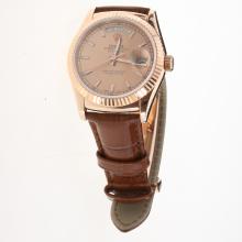 Rolex Day-Date 3156 Automatic Movement Rose Gold Case Stick Markers with Champagne Dial-Leather Strap