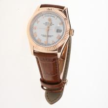 Rolex Day-Date 3156 Automatic Movement Rose Gold Case Roman Markers with White Dial-Leather Strap