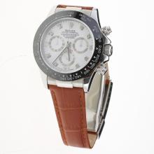 Rolex Daytona Chronograph Asia Valjoux 7750 Movement Ceramic Bezel Diamond Markers with White Dial-Leather Strap