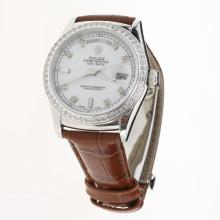 Rolex Day-Date 3156 Automatic Movement Diamond Markers & Bezel with White Dial-Leather Strap