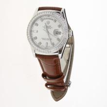 Rolex Day-Date 3156 Automatic Movement Diamond Markers & Bezel with Silver Dial-Leather Strap