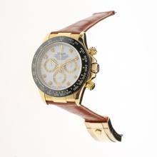 Rolex Daytona Chronograph Asia Valjoux 7750 Movement Gold Case Ceramic Bezel Diamond Markers with White Dial-Leather Strap