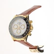 Rolex Daytona Chronograph Asia Valjoux 7750 Movement Gold Case Ceramic Bezel Stick Markers with White Dial-Leather Strap