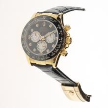 Rolex Daytona Chronograph Asia Valjoux 7750 Movement Gold Case Ceramic Bezel Diamond Markers with Black Dial-Leather Strap-2