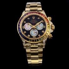 Rolex Daytona Chronograph Swiss Valjoux 7750 Movement Full Gold Diamond Bezel with Black Dial