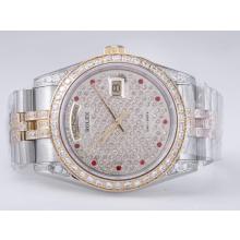 Rolex Day-Date Swiss ETA 2836 Movement Two Tone Diamond Bezel and Dial Red Marking