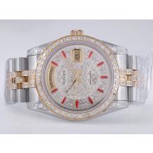 Rolex Day-Date Swiss ETA 2836 Movement Two Tone with Diamond Bezel and Dial Red Marking
