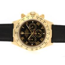 Rolex Daytona Working Chronograph Gold Case Roman Marking with Black Dial Leather Strap