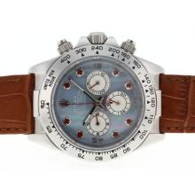 Rolex Daytona Working Chronograph Red Diamond Markers with Blue MOP Dial Leather Strap