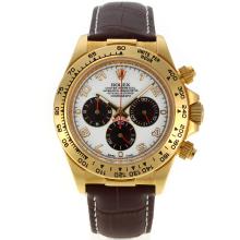 Rolex Daytona Working Chronograph Gold Case Number Markers with White Dial Leather Strap