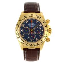 Rolex Daytona Working Chronograph Gold Case Number Markers with Blue Dial Leather Strap