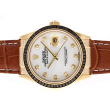 Rolex Datejust Swiss ETA 2836 Movement Gold Case Black Ruby Bezel Diamond Markers with MOP Dial Leather Strap