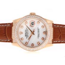 Rolex Datejust Swiss ETA 2836 Movement Rose Gold Case Diamond Markers and Bezel with MOP Dial Leather Strap