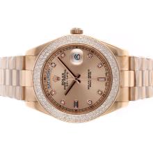 Rolex Day-Date II Swiss ETA 2836 Movement Full Rose Gold Diamond Bezel and Markers with Champagne Dial