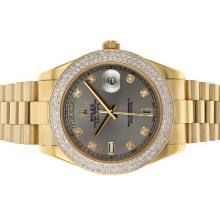 Rolex Day-Date II Swiss ETA 2836 Movement Full Gold Diamond Bezel and Markers with Gray Dial