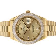 Rolex Day-Date II Swiss ETA 2836 Movement Full Gold Diamond Bezel and Markers with Golden Dial
