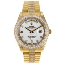 Rolex Day-Date II Swiss ETA 2836 Movement Full Gold Diamond Markers and Bezel with White Dial