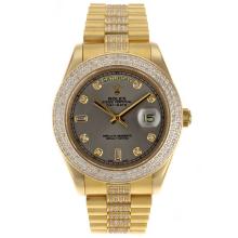 Rolex Day-Date II Swiss ETA 2836 Movement Full Gold Diamond Markers and Bezel with Gray Dial