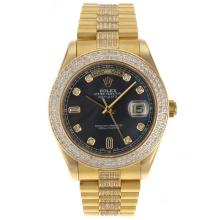 Rolex Day-Date II Swiss ETA 2836 Movement Full Gold Diamond Markers and Bezel with Black Dial