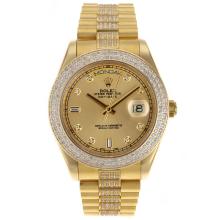 Rolex Day-Date II Swiss ETA 2836 Movement Full Gold Diamond Markers and Bezel with Golden Dial