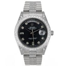 Rolex Day-Date II Swiss ETA 2836 Movement Diamond Markers and Bezel with Black MOP Dial