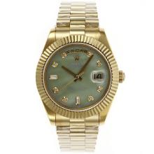 Rolex Day-Date II Swiss ETA 2836 Movement Full Gold Diamond Markers with Green MOP Dial S/S Same Chassis As ETA Version-