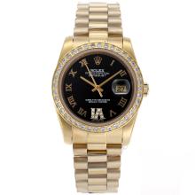 Rolex Datejust Automatic Full Gold Diamond Bezel Roman Markers with Black Dial Sapphire Glass