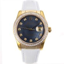 Rolex Datejust Swiss ETA 2836 Movement Gold Case Diamond Bezel and Markers with Black MOP Dial Leather Strap
