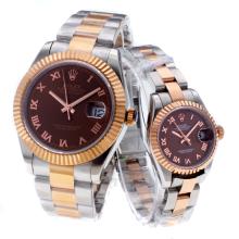 Rolex Datejust Swiss ETA 2836 Movement Two Tone Roman Markers with Brown Dial Couple Watch-1