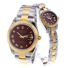 Rolex Datejust Swiss ETA 2836 Movement Two Tone Roman Markers with Brown Dial Couple Watch