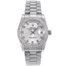 Rolex Day-Date Automatic Diamond Marking and Bezel with Silver Dial S/S-Sapphire Glass