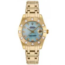 Rolex Masterpiece Swiss ETA 2836 Movement Full Gold Diamond Bezel and Markers with Blue MOP Dial Mid Size