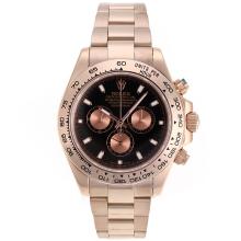 Rolex Daytona II Chronograph Asia Valjoux 7750 Movement Full Rose Gold Stick Markers with Black Dial
