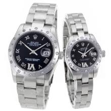 Rolex Datejust Automatic Diamond Bezel Roman Markers with Black Dial S/S-Sapphire Glass